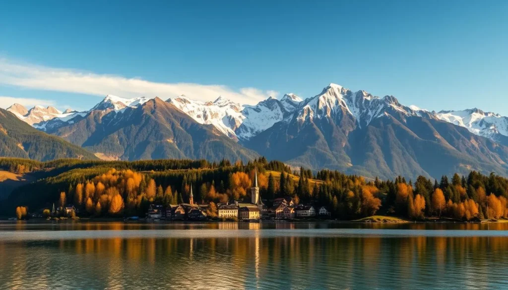 A breathtaking landscape of Lake Thun in Switzerland, showcasing its serene beauty throughout the seasons. In the foreground, crystal-clear waters reflect the surrounding alpine peaks and lush forests. Bathed in warm, golden sunlight, the middle ground features quaint villages and historic landmarks nestled along the shoreline. In the background, majestic snow-capped mountains rise majestically, their rugged grandeur framing the tranquil scene. The image conveys a sense of tranquility and timelessness, inviting the viewer to explore the lake's charm in every season.