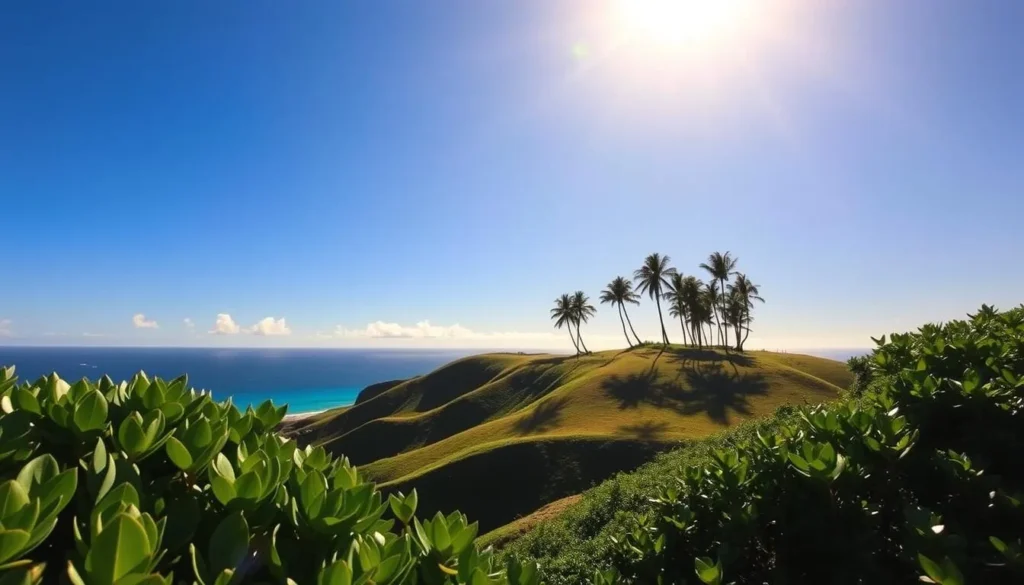 A breathtaking landscape of Lanai Island, Hawaii, captured under a warm, golden sun. In the foreground, lush, verdant foliage frames the scene, leading the eye towards a gently sloping hillside in the middle ground. Atop the hill, a picturesque cluster of palm trees sway in the gentle breeze, casting soft shadows across the rolling terrain. In the distance, the azure waters of the Pacific Ocean glisten, meeting the horizon where a few wispy clouds dot the clear, azure sky. The overall atmosphere exudes a sense of tranquility and natural beauty, inviting the viewer to immerse themselves in the serene, untouched essence of Lanai, Hawaii's hidden gem.