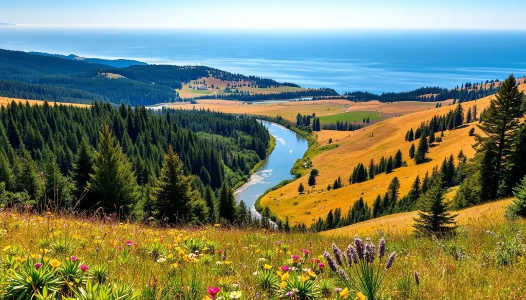 A breathtaking landscape of Mendocino County, California, captured on a sun-dappled day. In the foreground, a lush meadow dotted with vibrant wildflowers sways gently in the breeze. The middle ground features a winding river, its crystal-clear waters reflecting the towering redwood trees lining its banks. In the distance, rolling hills covered in a patchwork of evergreen forests and golden grasslands stretch out to the horizon, where the majestic Pacific Ocean meets the sky in a seamless blend of blues. The warm, diffused lighting casts a soft, ethereal glow over the entire scene, evoking a sense of tranquility and natural beauty.