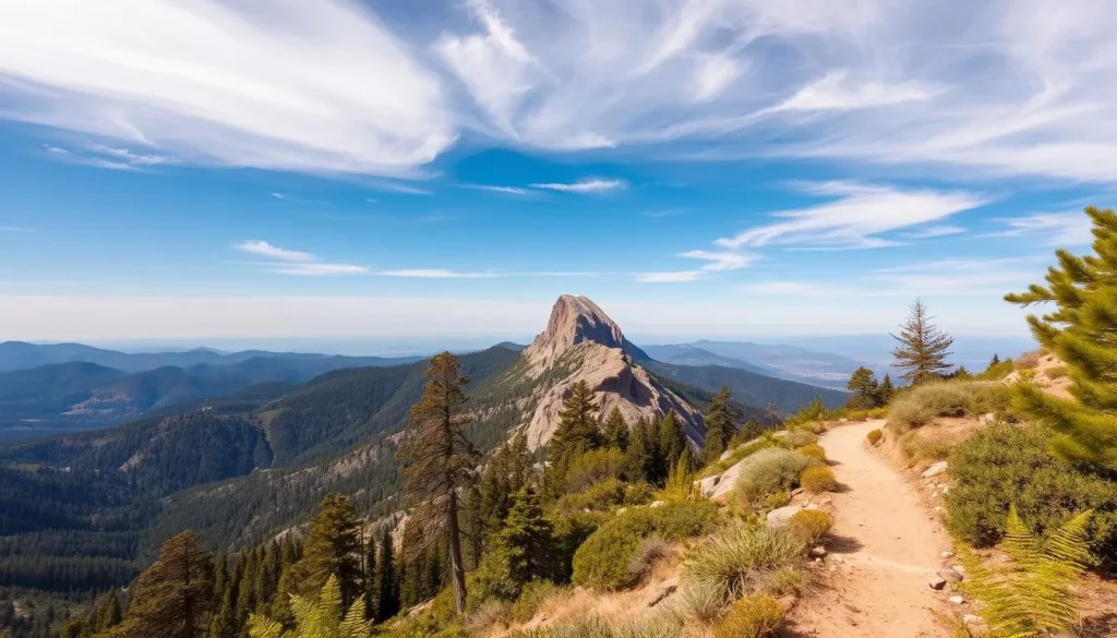 A breathtaking landscape of Mount Baldy, the highest peak in Southern California, under a bright azure sky with wispy clouds. In the foreground, a well-worn hiking trail winds through a lush, verdant forest, with tall pines and ferns lining the path. The middle ground reveals the majestic mountain, its craggy summit piercing the horizon, dusted with a light layer of snow. In the distance, rolling hills and valleys stretch out, creating a sense of depth and scale. The scene is bathed in warm, golden sunlight, casting long shadows and highlighting the rugged, yet serene, beauty of this iconic natural wonder. The mood is one of tranquility, adventure, and a deep appreciation for the grandeur of the natural world.