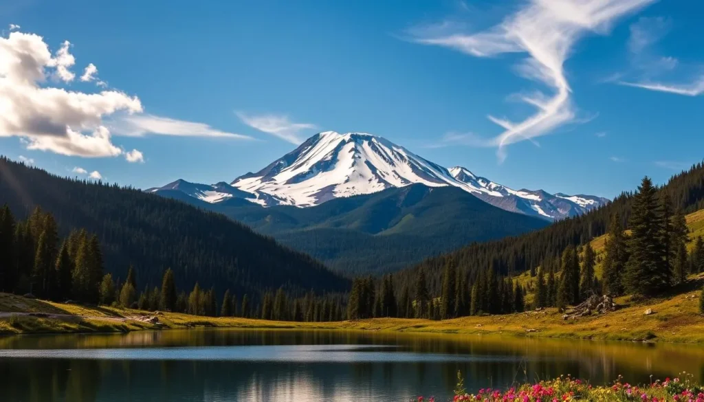 A breathtaking landscape of Mount Shasta, its majestic snow-capped peak towering against a clear azure sky. In the foreground, a serene alpine lake reflects the surrounding peaks and forests, its still waters mirroring the tranquil atmosphere. Verdant pine trees and vibrant wildflowers dot the rolling hillsides, creating a tapestry of natural beauty. Warm sunlight filters through wispy clouds, casting a soft, golden glow over the entire scene. Capture the grandeur and tranquility of this pristine wilderness, conveying the wonder and adventure that awaits those who venture to explore Mount Shasta.