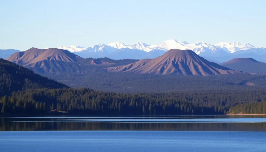 A breathtaking landscape of Newberry National Volcanic Monument, Oregon on a clear day. In the foreground, a serene lake reflects the towering volcanic cones in the distance. The middle ground is dotted with lush, evergreen forests, while the background features the majestic, snow-capped peaks of the Cascade Range. Warm, diffused sunlight bathes the scene, creating a sense of tranquility and wonder. The image is captured with a wide-angle lens, highlighting the grand scale and natural beauty of this geological wonder. The overall mood is one of awe and appreciation for the magnificent volcanic landscape.