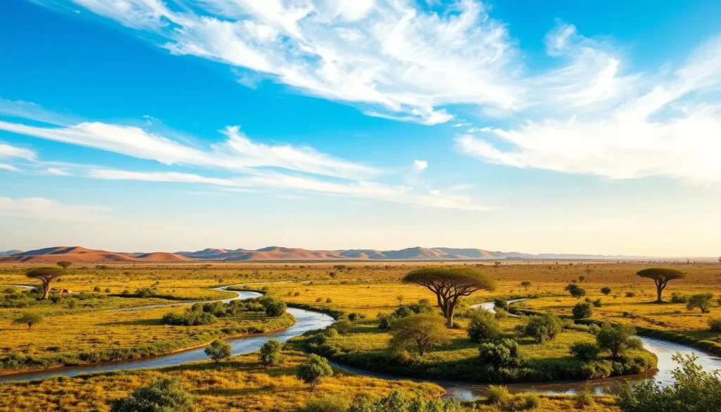 A breathtaking landscape of Nyala, Sudan, basking in the warm embrace of the sun. In the foreground, a lush, verdant savanna teeming with vibrant flora and fauna. Meandering streams reflect the azure sky, while majestic acacia trees dot the horizon, casting gentle shadows. In the middle ground, rolling hills undulate, their earthy hues contrasting with the azure dome above. Cirrus clouds drift lazily, their wispy tendrils casting a soft, golden glow over the scene. The atmosphere is serene, inviting visitors to bask in the tranquility of this idyllic setting, perfect for exploring the best of Nyala during the ideal time of year.