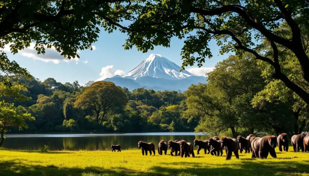 A breathtaking landscape of Virunga National Park, the oldest national park in Africa. A lush, verdant canopy of ancient trees frames a serene lake, its still waters reflecting the towering, snow-capped peaks of the Rwenzori Mountains in the distance. Dappled sunlight filters through the foliage, casting a warm, golden glow over the scene. In the foreground, a herd of majestic mountain gorillas graze peacefully, their powerful yet gentle movements a testament to the park's remarkable biodiversity. This timeless, awe-inspiring vista captures the essence of Virunga's natural wonders, inviting the viewer to immerse themselves in the untamed beauty of this remarkable corner of the Democratic Republic of the Congo.