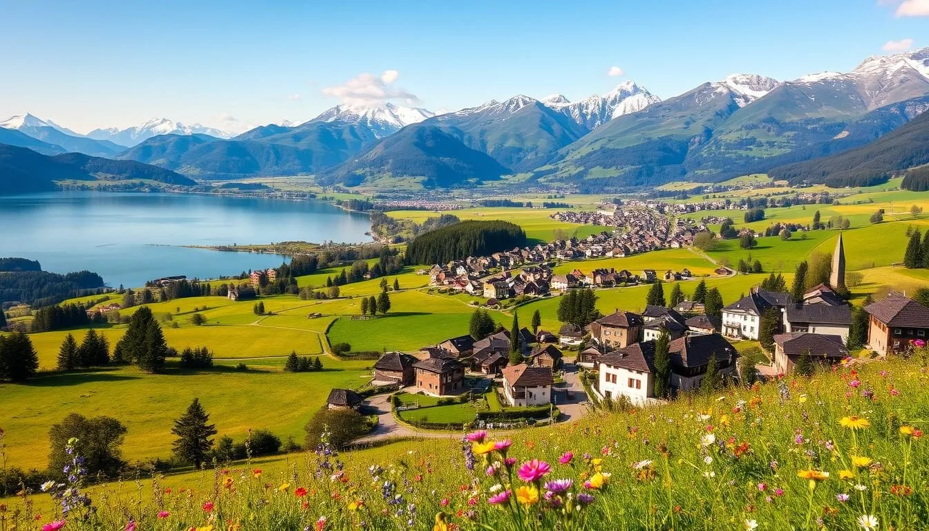 A breathtaking landscape of rolling hills, lush meadows, and picturesque villages nestled in the heart of Vaud, Switzerland. A serene lake reflects the surrounding mountains, their snow-capped peaks glimmering in the warm sunlight. In the foreground, a quaint village with charming chalets and cobblestone streets invites exploration. Vibrant wildflowers dot the verdant landscape, creating a tapestry of color. The scene exudes a sense of tranquility and natural beauty, perfectly capturing the essence of Vaud as a premier Swiss tourism destination.