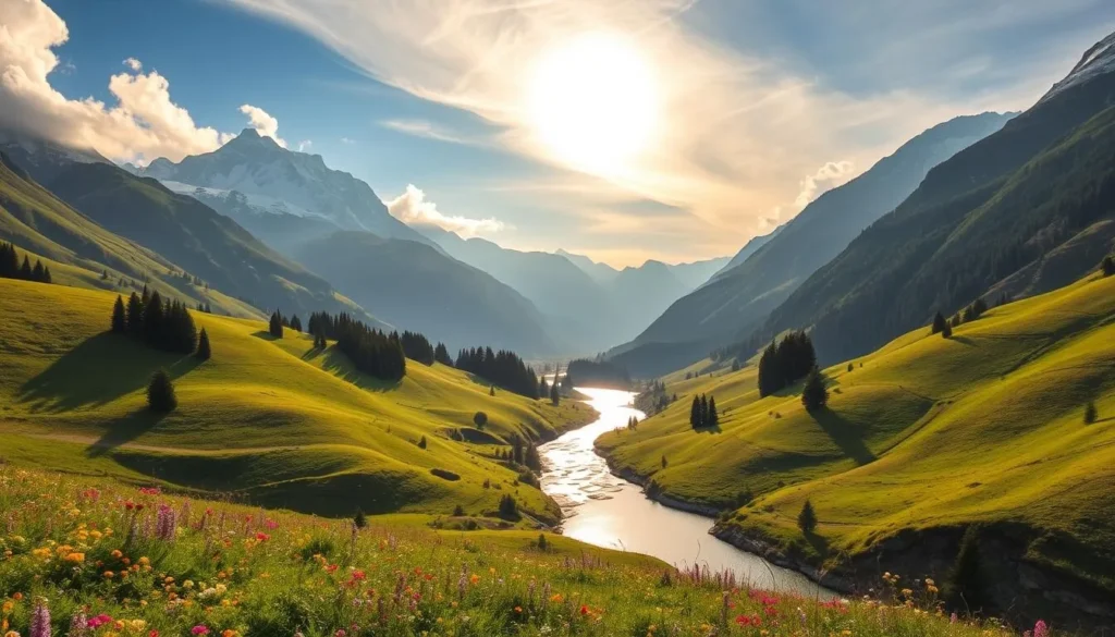 A breathtaking landscape of the Diemtigtal valley, Switzerland. Lush, rolling hills dotted with vibrant wildflowers cascade down to a serene river winding through the valley floor. Towering, snow-capped peaks rise majestically in the distance, their rugged beauty reflected in the calm waters. Warm, golden sunlight filters through wispy clouds, casting a soft, ethereal glow over the entire scene. Clusters of evergreen trees dot the hillsides, adding pops of verdant color. The air is crisp and clean, inviting wildlife to thrive in this untouched natural haven. A scene of pure, unspoiled splendor that captures the essence of the Diemtigtal's stunning wilderness.