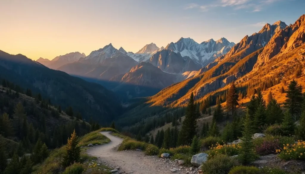 A breathtaking landscape of the Eastern San Gabriel Mountains, California, under a warm, golden afternoon sun. Majestic peaks rise dramatically in the background, their rugged, snow-capped summits glistening. In the middle ground, lush, pine-forested slopes cascade down, dotted with boulders and wildflowers. In the foreground, a winding, rocky trail leads the viewer into the scene, inviting exploration of this serene, natural wonder. The overall atmosphere is one of tranquility and awe, capturing the beauty and grandeur of this magnificent mountain range.