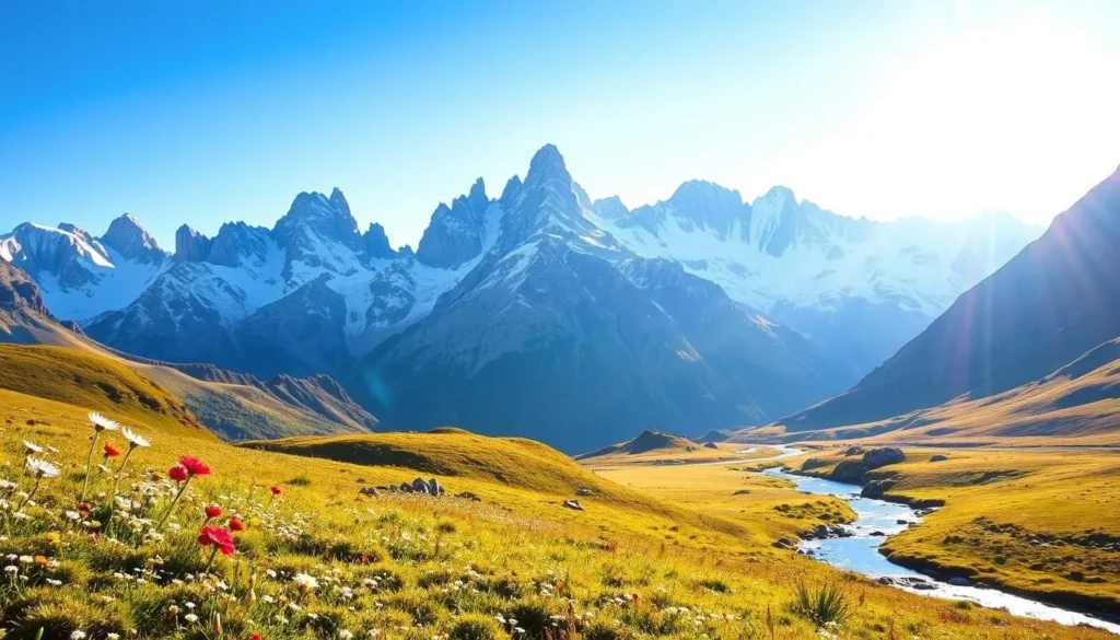 A breathtaking landscape of the French Alps, with the majestic peaks of Val-d'Isère reaching towards the sky. In the foreground, a serene alpine meadow dotted with wildflowers, bathed in the warm glow of the afternoon sun. The middle ground features a winding stream, its crystal-clear waters reflecting the rugged mountains in the distance. The background is dominated by towering, snow-capped peaks, their jagged silhouettes standing tall against a brilliant blue sky. The scene is imbued with a sense of tranquility and natural beauty, capturing the essence of the best times to visit this picturesque alpine destination.
