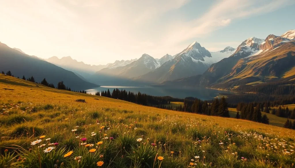 A breathtaking landscape of the Gantrisch Nature Park, Switzerland. In the foreground, lush meadows dotted with wildflowers sway gently in the breeze. Towering peaks of the Bernese Alps rise majestically in the middle distance, their snow-capped summits reflecting the warm glow of the sun. In the background, a serene lake mirrors the rugged mountain ranges, creating a sense of tranquility and harmony. The scene is bathed in soft, diffused lighting, lending a warm, inviting atmosphere. Capture the essence of this captivating natural wonder, showcasing the unspoiled beauty of the Naturpark Gantrisch.
