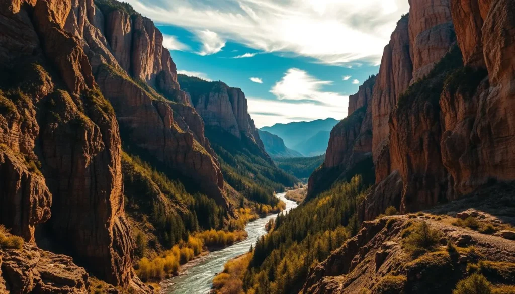 A breathtaking landscape of the Gates of the Mountains, Montana, bathed in warm golden light. In the foreground, a winding river cuts through the rugged, towering limestone cliffs, their weathered surfaces casting dramatic shadows. In the middle ground, lush green forests cling to the slopes, while wispy clouds drift across a brilliant azure sky. The scene is captured with a wide-angle lens, emphasizing the grandeur and scale of this natural wonder. The overall mood is one of serene tranquility, inviting the viewer to explore this magnificent geological formation. A breathtaking landscape of the Gates of the Mountains, Montana, bathed in warm golden light. In the foreground, a winding river cuts through the rugged, towering limestone cliffs, their weathered surfaces casting dramatic shadows. In the middle ground, lush green forests cling to the slopes, while wispy clouds drift across a brilliant azure sky. The scene is captured with a wide-angle lens, emphasizing the grandeur and scale of this natural wonder. The overall mood is one of serene tranquility, inviting the viewer to explore this magnificent geological formation.
