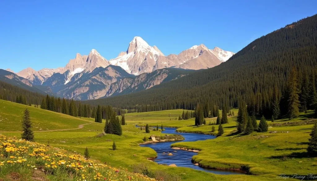 A breathtaking landscape of the Klamath Mountains, California, on a sun-dappled day. In the foreground, a winding river meanders through lush meadows dotted with wildflowers. Towering peaks of rugged granite rise in the middle ground, their snow-capped summits glistening under the warm, golden light. In the distance, dense evergreen forests cloak the rolling hills, creating a serene and pristine wilderness. The scene evokes a sense of tranquility and awe, inviting the viewer to explore the natural wonders of this magnificent mountain range.