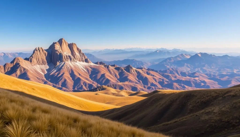 A breathtaking landscape of the La Panza Range in central California. In the foreground, rolling hills covered in lush, golden grasses sway gently in the warm breeze. Towering, rugged peaks rise up in the middle ground, their craggy cliffs and snow-capped summits bathed in soft, diffused sunlight. The background is a panoramic vista of majestic, undulating mountains fading into the distance, their hues ranging from deep blues to vibrant purples. A serene, pristine scene that captures the natural beauty and grandeur of this stunning California wilderness.