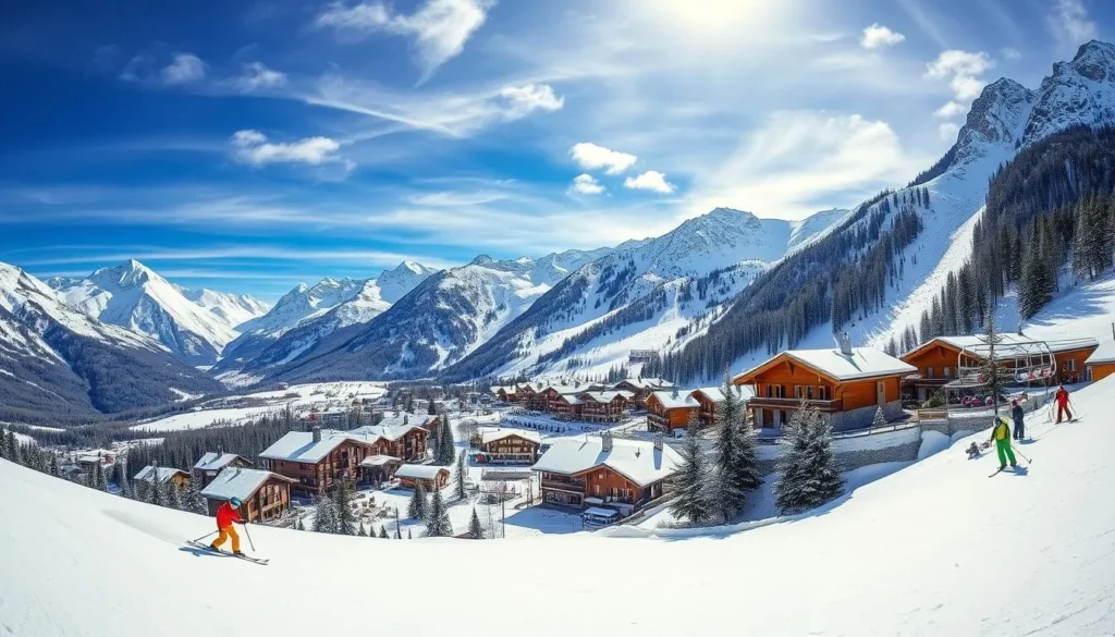 A breathtaking landscape of the Laax ski resort in Switzerland, with its towering peaks and pristine snow-covered slopes. In the foreground, skiers gracefully carve through the powdery snow, their vibrant outfits contrasting against the crisp, winter atmosphere. The middle ground showcases the charming alpine village, its traditional wooden chalets and cozy restaurants nestled between the majestic mountains. In the background, the sky is a brilliant blue, with wispy clouds adding to the serene, tranquil ambiance. Capture the essence of this alpine gem through a wide-angle lens, showcasing the grandeur and beauty of this renowned winter wonderland.