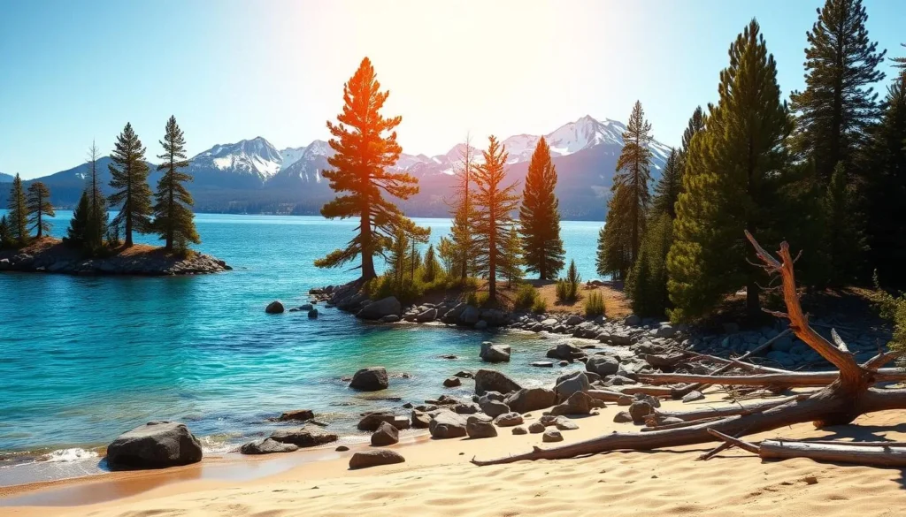 A breathtaking landscape of the Lake Tahoe shoreline, showcasing its natural beauty. In the foreground, crystal-clear azure waters lap against a sandy beach, with smooth rocks and driftwood scattered along the shore. Towering pines and evergreens line the middle ground, their lush green foliage contrasted by the deep blue of the lake. In the background, majestic snow-capped mountains rise majestically, their peaks reflecting in the still waters. Warm, golden sunlight filters through the trees, casting a serene and tranquil atmosphere. The scene evokes a sense of peaceful solitude, inviting the viewer to immerse themselves in the unspoiled beauty of this iconic California destination.
