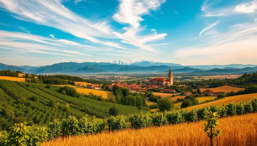 A breathtaking landscape of the Rhône Valley, France, on a sunny day. In the foreground, lush vineyards cascade down rolling hills, their verdant hues contrasting with the golden wheat fields. The middle ground features a quaint village, its charming stone buildings and terracotta roofs nestled among a patchwork of orchards and gardens. In the distance, the majestic Alps rise majestically, their snow-capped peaks glistening under a bright, azure sky. Wispy clouds drift lazily overhead, casting soft shadows across the tranquil scene. The entire composition is bathed in a warm, golden light, creating a serene and inviting atmosphere that captures the essence of the Rhône Valley's timeless beauty.