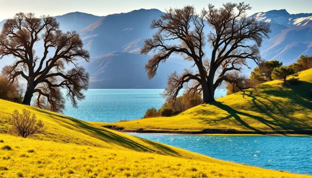 A breathtaking landscape of the San Luis Reservoir in California, captured during its most vibrant seasonal highlights. In the foreground, rolling hills are adorned with a lush carpet of verdant grass, complemented by the shimmering azure waters of the reservoir. In the middle ground, towering oak trees sway gently in the soft breeze, their branches casting gentle shadows across the scene. The background is dominated by majestic mountains, their peaks capped with a dusting of snow, creating a serene and picturesque backdrop. The lighting is warm and inviting, casting a golden glow over the entire tableau, evoking a sense of tranquility and natural beauty. The overall composition is a harmonious blend of earthy tones and vibrant hues, perfectly capturing the essence of this stunning California landmark.