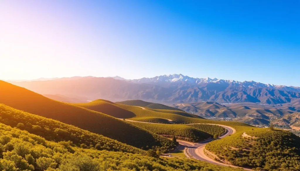 A breathtaking landscape of the Tehachapi Mountains in California on a beautiful sunny day. In the foreground, rolling hills covered in lush, verdant vegetation lead the eye towards the majestic peaks in the distance. The middle ground features a winding road cutting through the landscape, inviting the viewer to explore the region. In the background, the towering Tehachapi Mountains rise up, their rugged, snow-capped summits reaching towards the clear, azure sky. The scene is bathed in warm, golden sunlight, creating a serene and inviting atmosphere. Capture the charm and natural beauty of this stunning mountain landscape.