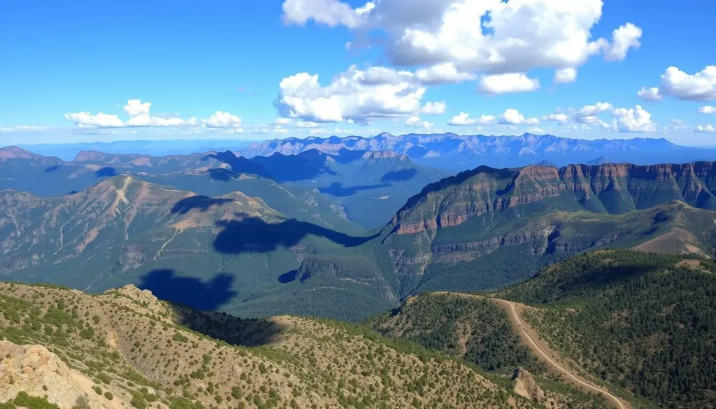 A breathtaking landscape of the Transverse Ranges, California's unique east-west mountain system. In the foreground, rugged peaks and ridges rise majestically, their steep slopes covered in a patchwork of chaparral and pine forests. The middle ground reveals deep, verdant canyons winding through the range, while the distant background is dominated by a dramatic skyline of towering summits bathed in warm, golden light. Cumulus clouds drift overhead, casting soft shadows across the scene. Capture the grandeur and tranquility of this natural wonder, framed by a clear, azure sky.