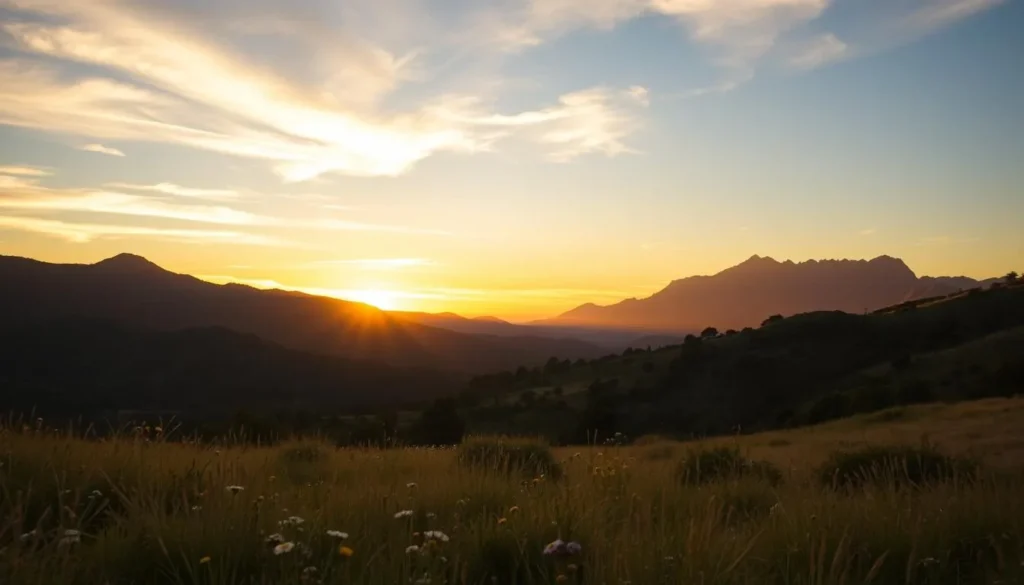A breathtaking landscape of the Ventura Mountains in California, bathed in the warm glow of a golden hour sunset. In the foreground, a lush meadow of wildflowers sways gently in the breeze. The middle ground features rolling, oak-studded hills, their rugged contours cast in deep shadows. In the distance, the majestic peaks of the Ventura Mountains rise up, their jagged silhouettes silhouetted against a vibrant, painted sky. The scene is illuminated by soft, diffused natural lighting, creating a sense of tranquility and natural wonder. Capture the essence of Ventura's untamed beauty in this idyllic landscape.