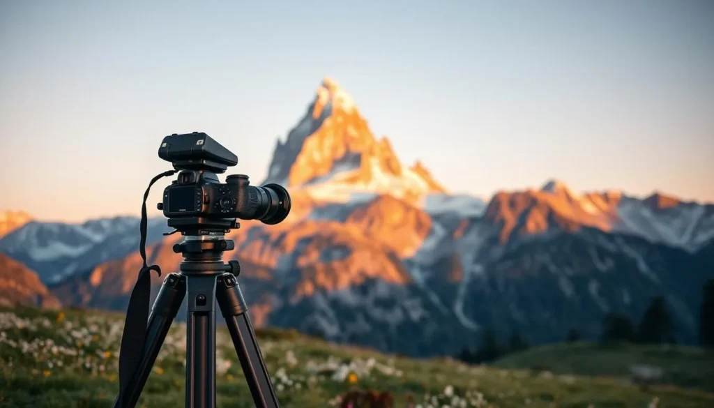 A breathtaking landscape of the iconic Dom mountain in the Swiss Alps, captured through the lens of a professional photographer. The foreground features a sturdy tripod, a high-end DSLR camera, and various photography accessories, hinting at the technical mastery required to immortalize this majestic natural wonder. The middle ground showcases the towering, snow-capped peak of the Dom, its rugged beauty accentuated by the warm, golden light of the sun. In the background, a serene alpine meadow with wildflowers adds a touch of serenity to the scene. The overall composition and lighting evoke a sense of awe and reverence, inviting the viewer to capture the essence of this captivating Swiss landscape.