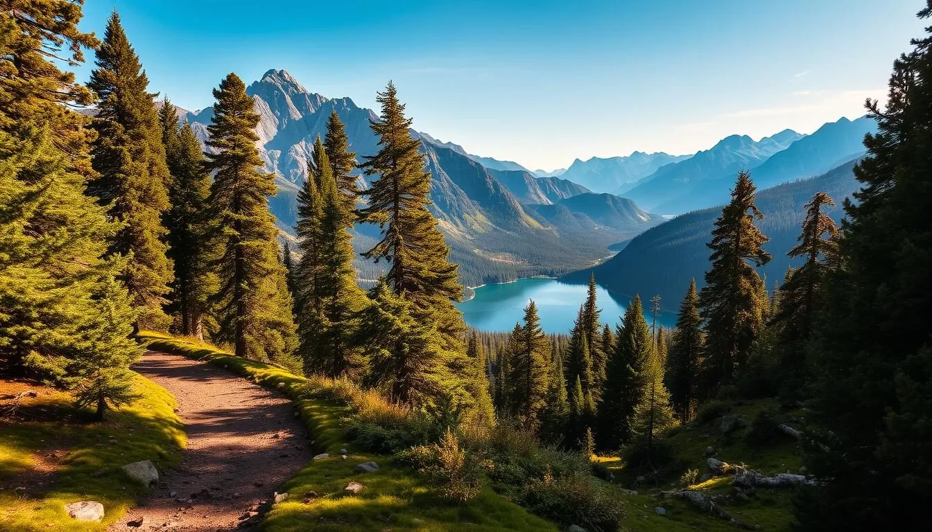 A breathtaking landscape of the majestic Sierra Nevada Mountains, with towering peaks reaching towards the azure sky. In the foreground, a rugged hiking trail winds through a lush forest of towering pines, their verdant canopies casting dappled shadows on the mossy ground below. The middle ground reveals a glistening alpine lake, its still waters reflecting the grandeur of the surrounding mountains. Bathed in warm, golden sunlight, the scene exudes a sense of adventure and tranquility, inviting the viewer to immerse themselves in the beauty of this untamed wilderness.