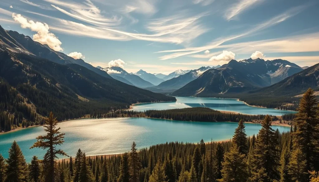 A breathtaking landscape of the majestic Sierra Nevada mountains, with a series of pristine alpine lakes glistening in the foreground. The crystal-clear waters reflect the rugged peaks and lush, evergreen forests that surround them. Warm sunlight filters through wispy clouds, casting a serene and tranquil atmosphere across the scene. In the distance, snow-capped summits rise above the treeline, adding to the awe-inspiring grandeur of this natural wonder. Capture the essence of this stunning California destination, where outdoor enthusiasts can explore hiking trails, kayak on the tranquil waters, and immerse themselves in the beauty of the Sierra Nevada landscape.