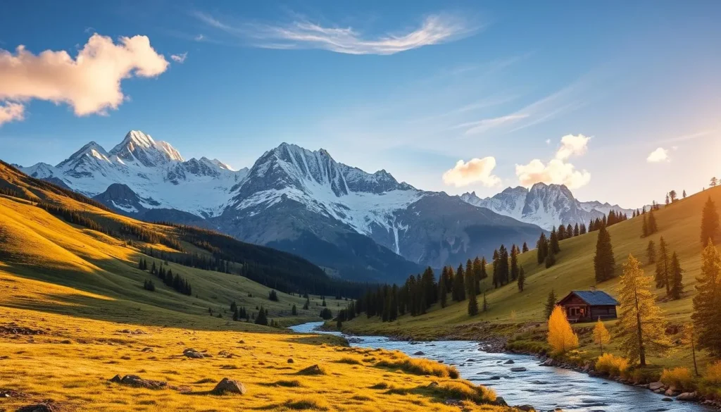A breathtaking landscape of the rugged Bear Valley Range, bathed in warm afternoon sunlight. Rolling hills covered in vibrant green meadows and scattered pines, leading up to towering snow-capped peaks that pierce the azure sky. A crystal-clear stream meanders through the valley, its gentle currents reflecting the dramatic mountainous backdrop. In the foreground, a rustic log cabin nestled among the trees, exuding a sense of peaceful solitude. Wispy clouds drift overhead, casting soft shadows that dance across the serene scene. The overall atmosphere conveys a feeling of tranquility and boundless natural beauty, inviting the viewer to explore this year-round paradise.