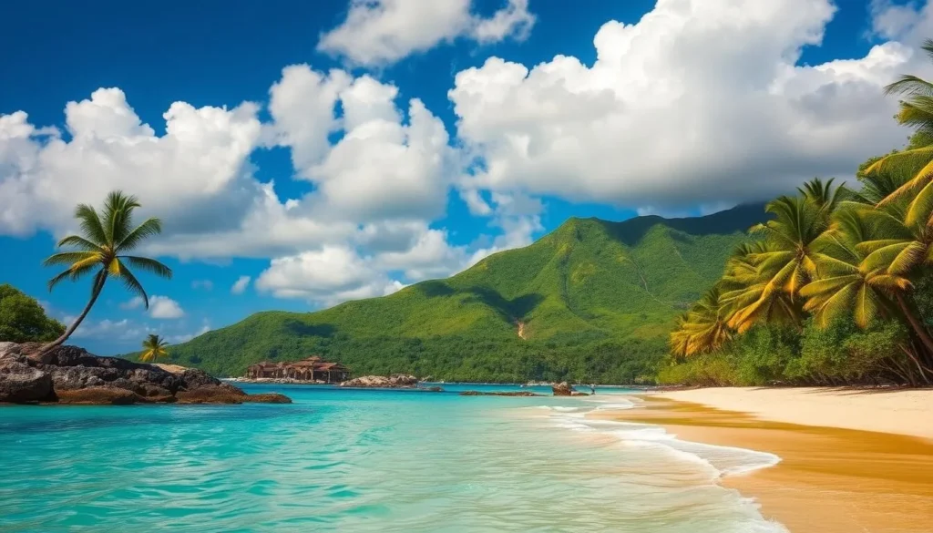 A breathtaking landscape showcasing the best months to visit the Northern Mariana Islands. A sun-drenched beach with crystal-clear turquoise waters laps against the golden sands, framed by swaying palm trees. In the distance, lush verdant hills rise up, their slopes covered in a vibrant emerald canopy. Fluffy cumulus clouds drift lazily across a deep azure sky, casting gentle shadows on the tranquil scene below. The warm, tropical atmosphere exudes a sense of serenity and relaxation, inviting the viewer to immerse themselves in the idyllic island paradise.