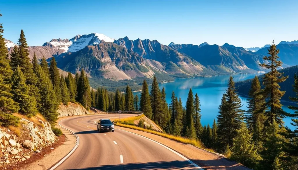A breathtaking landscape unfolds along the winding Lower Blue Lake Road, bathed in the warm glow of a sun-dappled afternoon. Towering granite peaks rise majestically in the distance, their snow-capped summits reflecting in the serene azure waters of the lake below. Lush evergreen forests flank the road, their verdant canopy casting gentle shadows across the scene. A lone car navigates the twisting route, its headlights cutting through the golden light, capturing the essence of a quintessential California road trip. The overall mood is one of tranquility and awe-inspiring natural beauty, inviting the viewer to embark on their own journey of exploration and discovery.
