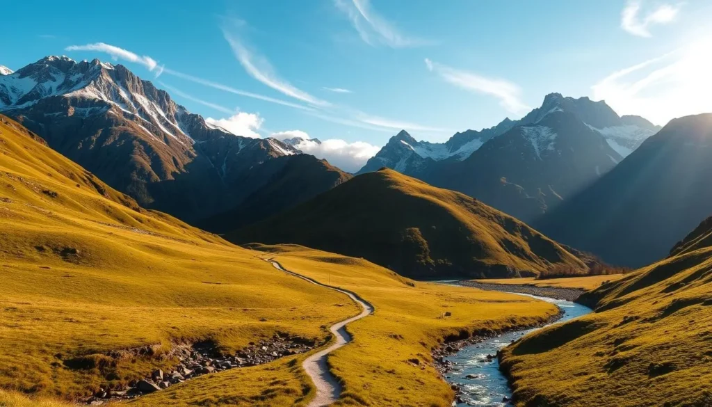 A breathtaking mountain landscape in Chur, Switzerland, bathed in warm golden light. In the foreground, a winding river cuts through lush green meadows, its waters sparkling in the sunlight. Tall, snow-capped peaks rise majestically in the background, their rugged slopes casting dramatic shadows across the scene. Wispy clouds drift lazily overhead, creating a sense of tranquility and peace. A well-trodden trail winds through the middle ground, inviting hikers to explore the natural wonder of this alpine paradise. The composition is balanced and harmonious, capturing the essence of the region's natural beauty.