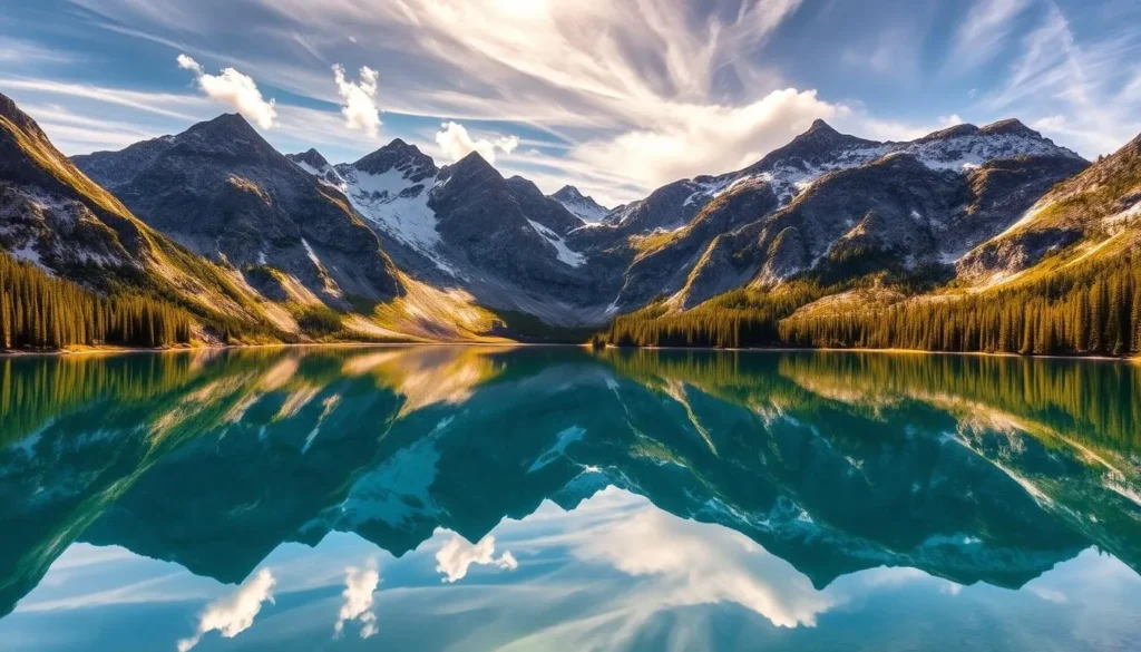 A breathtaking mountain landscape reflected in the serene waters of Convict Lake, California. Towering peaks of granite and snow-capped summits stand tall, mirrored perfectly in the still, azure lake. Sunlight filters through wispy clouds, casting a warm, golden glow over the scene. Lush, evergreen forests line the lake's edge, their verdant hues contrasting beautifully with the surrounding rocky terrain. The tranquil, mirror-like surface captures every minute detail, creating a captivating visual harmony between the earth and sky. Capture the majesty and natural splendor of this picturesque alpine setting.