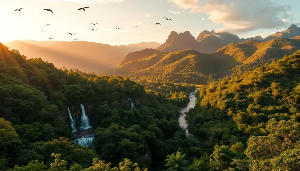 A breathtaking natural landscape in Cabinda, Angola, with a lush, verdant forest in the foreground, cascading waterfalls in the middle ground, and towering mountains in the background bathed in warm, golden sunlight. The scene is filled with a sense of tranquility and wonder, with birds soaring overhead and a serene river winding through the valley. The entire composition is captured with a wide-angle lens, creating a sense of depth and immersion. The mood is one of serene beauty, inviting the viewer to bask in the majesty of the untamed natural world.