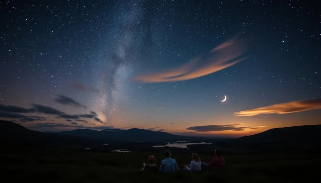 A breathtaking night sky in Northern Ireland's remote countryside, with the milky way galaxy illuminating the rolling hills and tranquil loughs. In the foreground, a group of people lie on the grass, gazing upwards in awe at the celestial show above. Wispy clouds drift lazily across the inky blackness, casting soft shadows on the landscape. The scene is bathed in a warm, ambient glow from a crescent moon peeking out from behind a distant ridge. A sense of peaceful solitude and wonder pervades the atmosphere, inviting the viewer to lose themselves in the magnificence of the natural world.