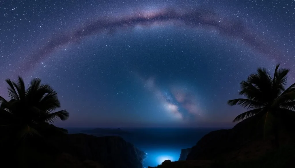 A breathtaking night sky over the rugged cliffs of Pitcairn Island, a remote British Overseas Territory in the South Pacific. In the foreground, the silhouettes of swaying palm trees frame the scene, while the celestial display of a million twinkling stars takes center stage. The Milky Way, a luminous ribbon of light, arches gracefully overhead, casting a soft glow across the tranquil ocean below. The atmosphere is serene and awe-inspiring, inviting visitors to immerse themselves in the natural wonder of this "Dark Sky Sanctuary" - a place where the night sky remains untainted by light pollution, offering an unparalleled stargazing experience.