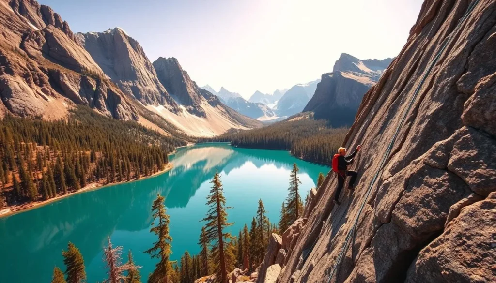 A breathtaking outdoor scene of Tenaya Lake in Yosemite National Park, California. In the foreground, experienced rock climbers meticulously scale the rugged granite cliffs, their ropes and harnesses gleaming in the warm sunlight. The middle ground showcases the serene, turquoise waters of the lake, reflecting the surrounding peaks and forests. In the distance, the majestic granite domes and spires of the Sierra Nevada mountains rise majestically, creating a stunning backdrop. The mood is one of adventure, tranquility, and awe-inspiring natural beauty. Capture this scene with a wide-angle lens to emphasize the grandeur of the landscape.