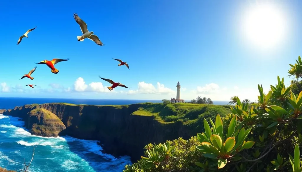 A breathtaking panorama of Kilauea Point National Wildlife Refuge on the island of Kauai, Hawaii. In the foreground, vibrant seabirds soar gracefully against a backdrop of rugged cliffs and crashing waves. In the middle ground, lush tropical foliage frames a clear blue sky, with the sun's warm rays casting a golden glow. The background features the iconic Kilauea Lighthouse, standing tall and proud, a beacon for both visitors and wildlife. The scene evokes a sense of peaceful tranquility, inviting the viewer to immerse themselves in the natural beauty and abundant wildlife of this protected refuge.