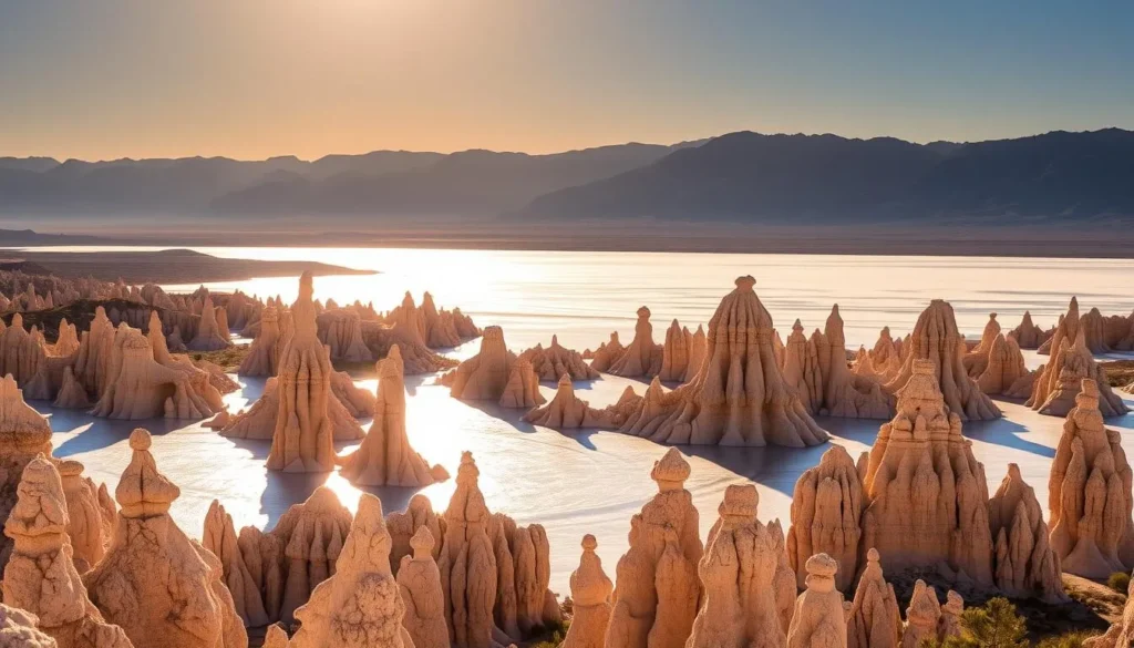 A breathtaking panorama of Mono Lake's iconic tufa towers, their otherworldly silhouettes rising from the shimmering saline waters. The sun's warm glow bathes the scene in a soft, golden light, casting long shadows that accentuate the dramatic contours of the geological formations. In the foreground, intricate tufas, sculpted by millennia of natural processes, stand as testament to the region's unique and captivating geology. The middle ground reveals the expansive lake, its surface mirroring the surrounding mountains and sky, creating a seamless, dreamlike atmosphere. In the background, rugged peaks of the Northern Sierra Nevada mountains frame the enchanting landscape, completing the picture of this extraordinary natural wonder.