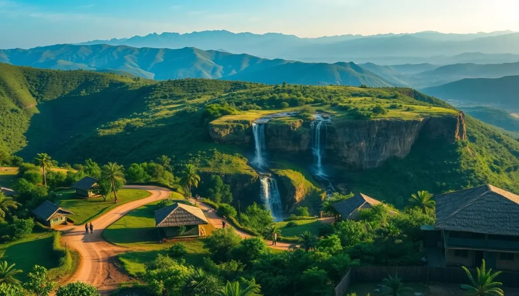 A breathtaking panorama of the Angolan landscape, showcasing the lush greenery and rolling hills of Malanje. In the foreground, a winding dirt road leads through a picturesque village, with traditional thatched-roof houses and locals going about their daily lives. The middle ground features a stunning waterfall, cascading over rugged rock formations, surrounded by verdant vegetation. In the distance, majestic mountains rise up, their peaks bathed in soft, golden light. The scene is illuminated by a warm, natural sunlight, casting long shadows and creating a sense of depth and dimension. The overall atmosphere is one of tranquility and adventure, perfectly capturing the essence of travel in this beautiful region of Angola.