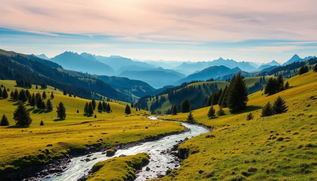 A breathtaking panorama of the Entlebuch Biosphere Reserve's lush landscapes unfolds before the viewer. Rolling hills covered in verdant meadows and dotted with clusters of evergreen trees stretch out towards the distant horizon, where jagged alpine peaks pierce the sky. A crystal-clear mountain stream meanders through the foreground, its waters sparkling in the warm, golden sunlight. The scene exudes a serene, tranquil atmosphere, inviting the viewer to immerse themselves in the natural beauty of this Swiss alpine paradise.