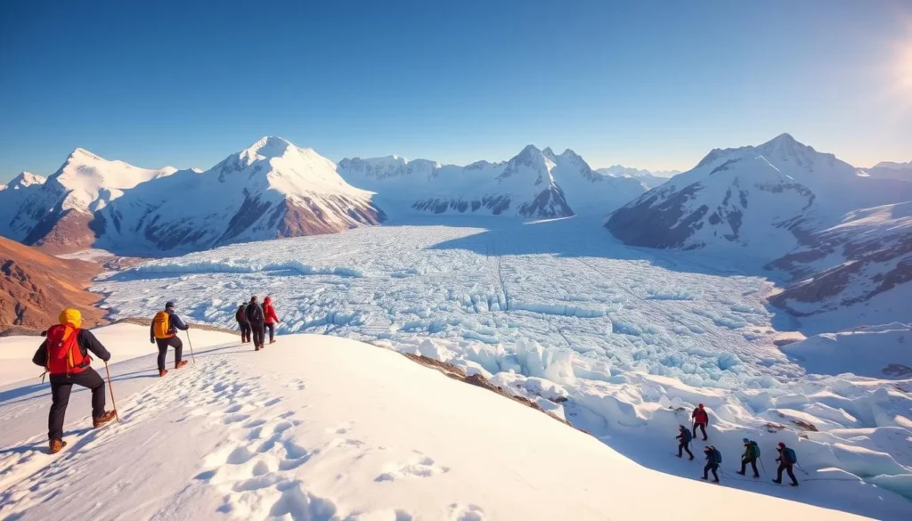 A breathtaking panorama of the Gornerglet Glacier in the Swiss Alps. In the foreground, a group of adventurous trekkers navigates the ice and snow, their crampons gripping the surface as they ascend a gentle slope. The middle ground reveals the expansive glacier, its pristine blue hues glittering under the warm, golden light of the sun. In the background, the majestic peaks of the Monte Rosa massif stand tall, their snow-capped summits reaching towards the clear, azure sky. A sense of awe and wonder permeates the scene, capturing the thrill and beauty of glacier exploration.