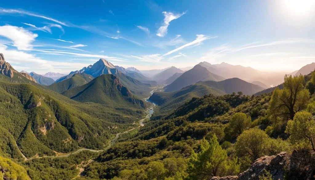 A breathtaking panorama of the Great Valley Range in California, captured on a sun-dappled day. The rugged, undulating landscape is adorned with lush green foliage, punctuated by towering granite peaks that pierce the azure sky. In the foreground, a winding river snakes through the valley, its glistening waters reflecting the surrounding natural beauty. Wispy clouds drift overhead, casting gentle shadows upon the scene. The middle ground is dotted with towering pines and oaks, their branches swaying in the gentle breeze. In the distance, the range rises majestically, its craggy slopes and ridges framed by a hazy, golden light. This image captures the allure and grandeur of California's Great Valley Range, inviting the viewer to immerse themselves in its natural splendor.