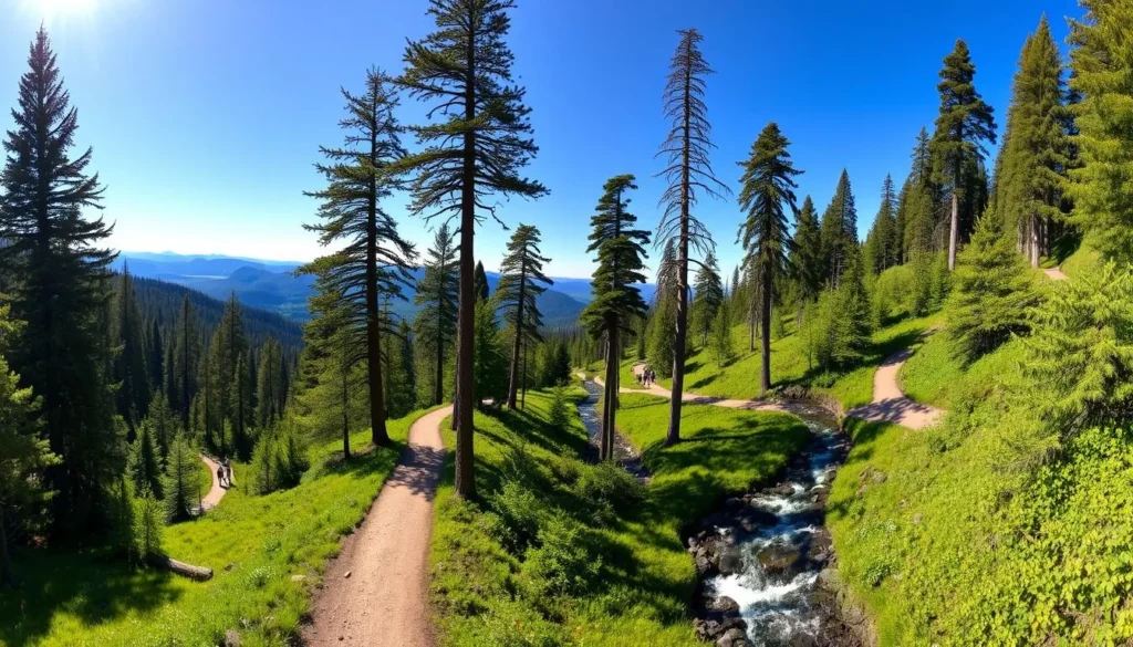 A breathtaking panorama of the Klamath Falls hiking trails, set against the backdrop of the majestic Cascade Mountains. The trail winds through a lush, verdant forest, with sunlight filtering through the canopy of towering pines. In the middle ground, a meandering stream cuts through the landscape, its gentle currents reflecting the azure sky above. Hikers traverse the well-maintained path, their silhouettes adding a sense of scale and adventure to the scene. The overall mood is one of tranquility and natural splendor, inviting the viewer to immerse themselves in the serene beauty of the great outdoors.