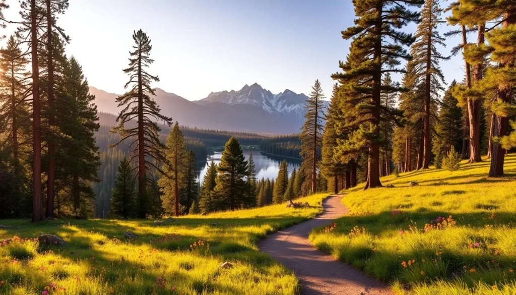 A breathtaking panorama of the Modoc National Forest, bathed in warm golden light. In the foreground, a winding path winds through a lush meadow dotted with vibrant wildflowers. Towering pines and firs stretch up to the sky, their branches casting playful shadows across the scene. In the middle ground, a serene lake reflects the surrounding peaks, their rugged silhouettes mirrored in the still waters. The background is dominated by majestic mountains, their snow-capped summits reaching towards the heavens. The overall atmosphere is one of peaceful tranquility, inviting the viewer to immerse themselves in the natural beauty of this pristine wilderness.