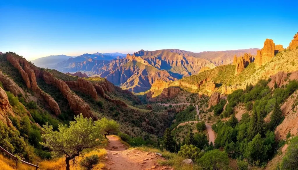 A breathtaking panorama of the Mujib Nature Reserve in Jordan, showcasing the diverse and picturesque hiking trails that wind through the dramatic landscape. The sun casts a warm, golden glow over the rugged terrain, illuminating the intricate rock formations and lush, verdant vegetation. In the foreground, a well-maintained trail leads hikers through a serene, tree-lined path, inviting exploration of the reserve's hidden gems. The middle ground features a stunning vista of steep cliffs and deep canyons, while the background is dominated by towering mountains that rise majestically into the clear, azure sky. The overall scene exudes a sense of peaceful tranquility and natural wonder, perfectly capturing the essence of the Mujib Nature Reserve's exceptional hiking opportunities.