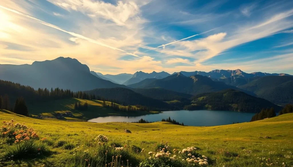 A breathtaking panorama of the Vosges mountains, with their distinctive pine-clad peaks reaching skyward. The warm, golden light of a late afternoon sun filters through wispy clouds, casting a soft glow over the undulating landscape. In the foreground, a serene alpine lake reflects the surrounding natural beauty, its crystal-clear waters shimmering. Lush, verdant meadows dotted with wildflowers lead the eye towards the distant mountain ridges, which rise majestically against a backdrop of azure blue skies. The scene evokes a sense of tranquility and adventure, inviting the viewer to immerse themselves in the rugged, untamed charm of the Vosges mountains.
