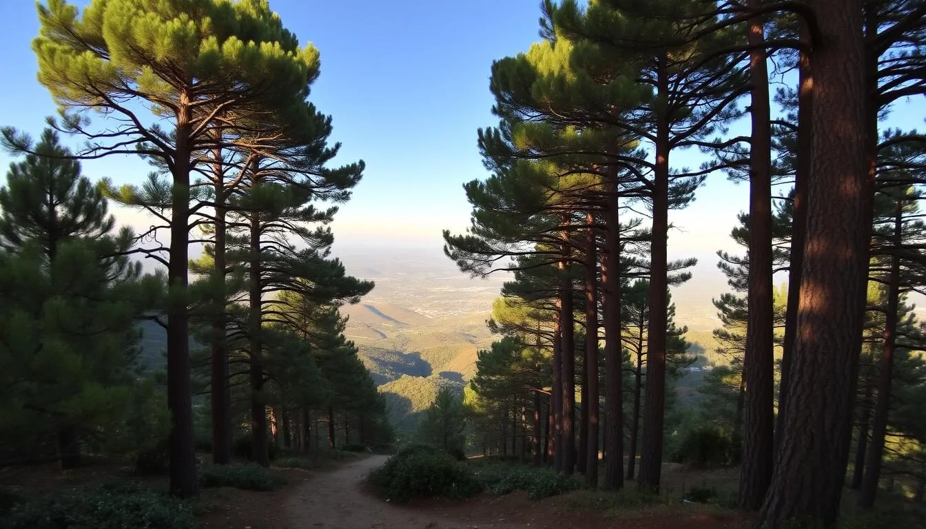 A breathtaking panorama of the majestic Al Shouf Cedar Nature Reserve in Lebanon. Towering cedar trees with their distinctive reddish-brown trunks and lush, verdant foliage dominate the foreground, casting gentle shadows across the rolling hills and valleys below. In the middle ground, a winding dirt path meanders through the pristine forest, inviting visitors to explore the serene natural wonder. The background is dominated by a cloudless azure sky, with the warm golden light of the sun filtering through the canopy, creating a tranquil and picturesque atmosphere. Capture the timeless beauty and serenity of this UNESCO-recognized natural treasure.