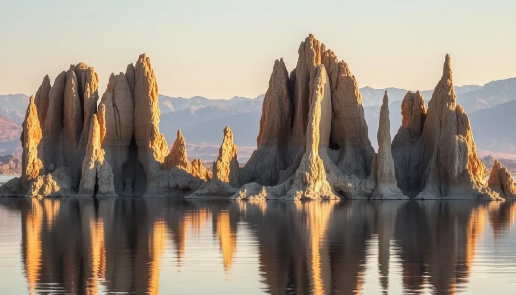 A breathtaking panorama of towering tufa formations rising from the serene waters of Mono Lake. Illuminated by warm, golden sunlight casting soft shadows across their intricate, alien-like structures. The stillness of the lake reflects the dramatic, jagged silhouettes, creating a dreamlike, mirrored effect. In the distance, hazy mountains frame the scene, adding to the otherworldly atmosphere. Capture the unique geological wonder and natural beauty of this enchanting California landscape.