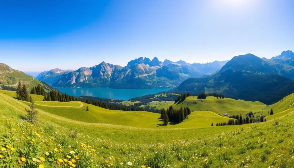 A breathtaking panoramic landscape of the Gantrisch Nature Park in Switzerland. In the foreground, rolling green hills dotted with wildflowers sway gently in the breeze. The middle ground reveals a majestic mountain range, its jagged peaks reaching toward a cloudless azure sky. A crystal-clear lake reflects the surrounding beauty, its surface like a mirror. Warm, diffused sunlight bathes the entire scene, creating a serene and tranquil atmosphere. Capture this picturesque vista using a wide-angle lens to fully encapsulate the grandeur of the Gantrisch's natural splendor.