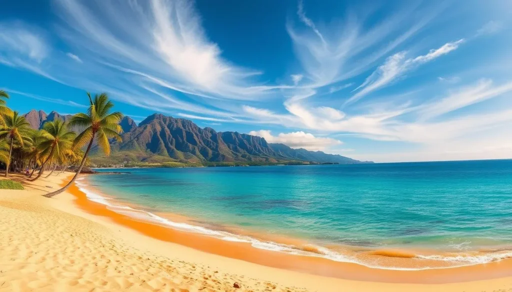 A breathtaking panoramic view of Baldwin Beach Park on the lush island of Maui, Hawaii. In the foreground, the golden sand of the beach stretches out, gently lapped by the crystal-clear turquoise waters of the Pacific Ocean. In the middle ground, palm trees sway in the gentle breeze, their fronds casting dappled shadows on the sand. Beyond, rugged volcanic mountains rise up, their peaks capped with lush greenery. The sky is a brilliant azure, with wispy clouds drifting overhead, bathed in the warm glow of the midday sun. The overall scene exudes a sense of tranquility and natural beauty, inviting visitors to relax, explore, and immerse themselves in the stunning coastal landscape of Baldwin Beach Park.