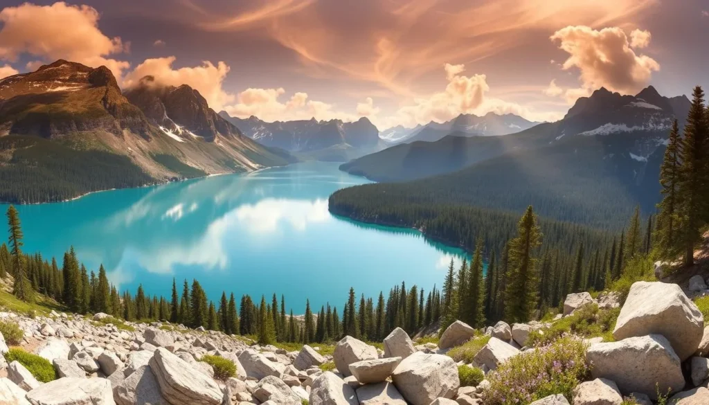 A breathtaking panoramic view of Eagle Lake, nestled amidst the rugged granite peaks of the Sierra Nevada mountains in California. Serene turquoise waters reflect the majestic snow-capped peaks and lush evergreen forests that surround the lake. In the foreground, a pristine shore lined with boulders and delicate wildflowers invites visitors to explore. Warm, golden sunlight filters through wispy clouds, casting a soft, ethereal glow over the scene. The overall mood is one of tranquility, natural beauty, and a sense of discovery in this hidden gem of California's wilderness.